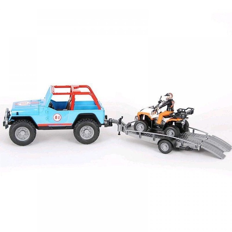 Bruder Blue Jeep Racing Car with Trailer. Quad Bike and Driver