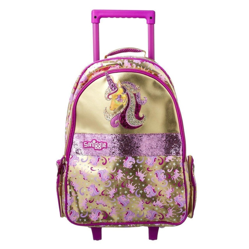 SMIGGLE Gold Trolley Backpack With Unicorn Motif and Light Up Wheels