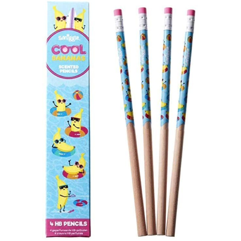 SMIGGLE Pencils x 4 Pack Scented HB Wooden With Eraser Top – Cool Bana