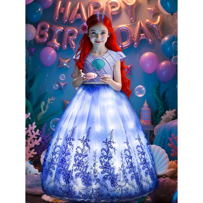 Gorkonpy Mermaid Costume Dress for Girls Light Up Princess Dresses Birthday Halloween Party Dress Up for Girls (7-8 Years)