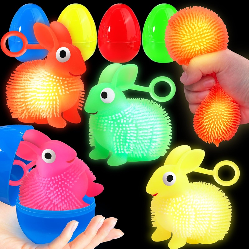 8 Pack Jumbo Easter Eggs Filled Larger Bunny Puffer Balls for Kids, Light Up Squeeze Balls Bunny Stress Relief Fidget Toys for E