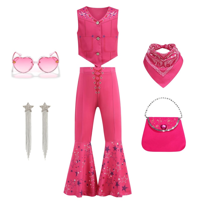 ADDACOS Cowgirl Costume for Girls Halloween Dress up from Doll Movie with Accessories(Rose, 130 (6-7T))