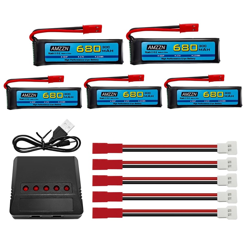 AMZZN 5PCS 3.7V 680mAh 1S Lipo Battery with JST Plug and 5-in-1 Charger for UDI U817 U818A V959 V222 V929 S032 RC Drone, Four Ax