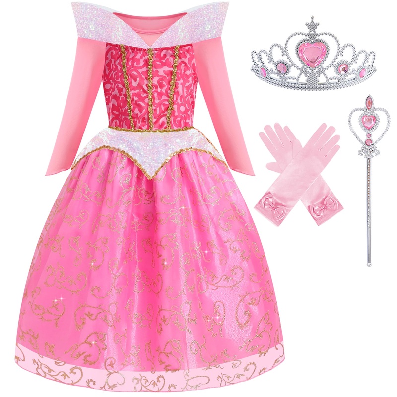 Aolliya Princess Sleeping Beauty Dress for Girls Pink Princess Costumes Fancy Dress Up for Halloween Cosplay Carnival