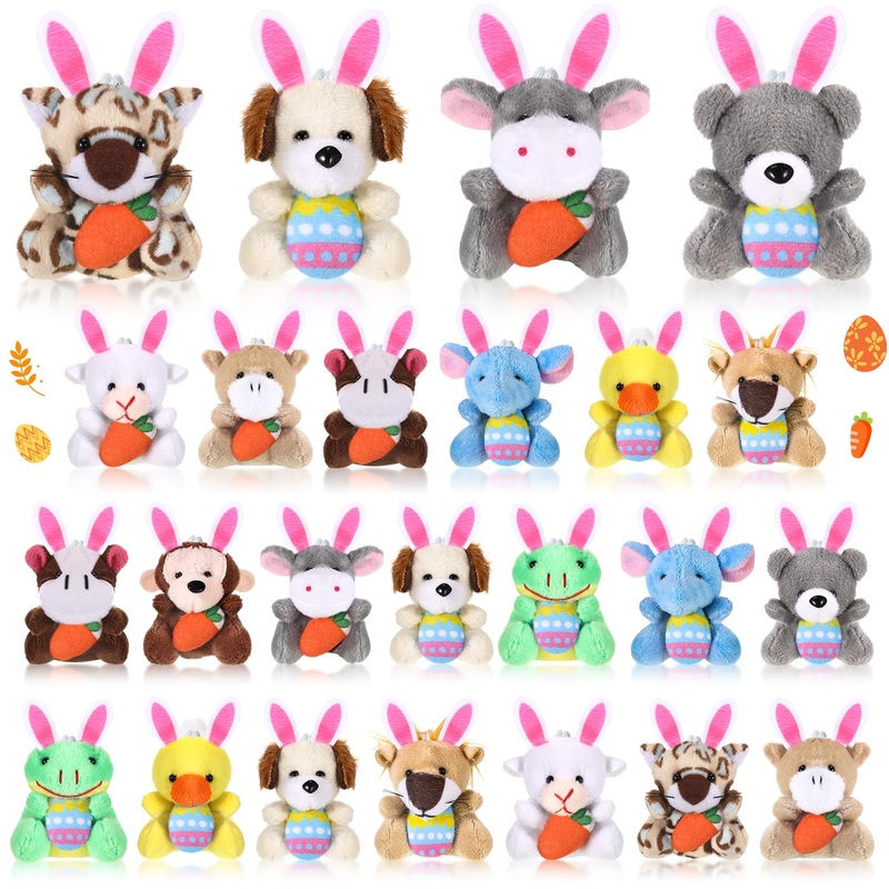 Blueweenly 24 Pcs Easter Mini Animal Plush Toy Set Small Stuffed Animal Bulk with Easter Eggs Bunny Ear Small Plush Keychain for