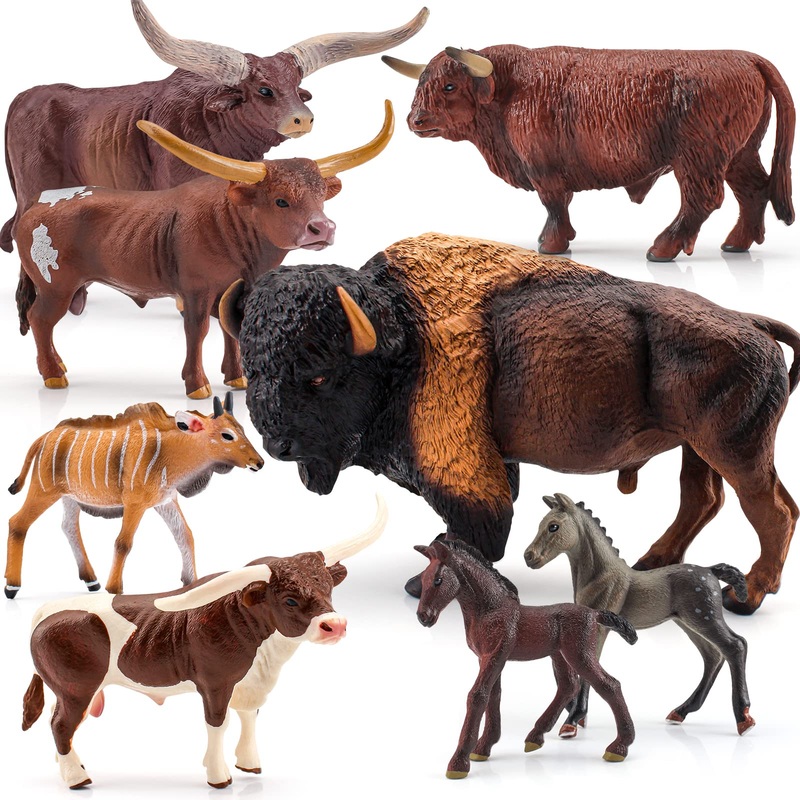Bull Toys Playset: 8pc Longhorn, Cows, Horses & Antelope Figures for Kids’ Parties & Toddlers Collection