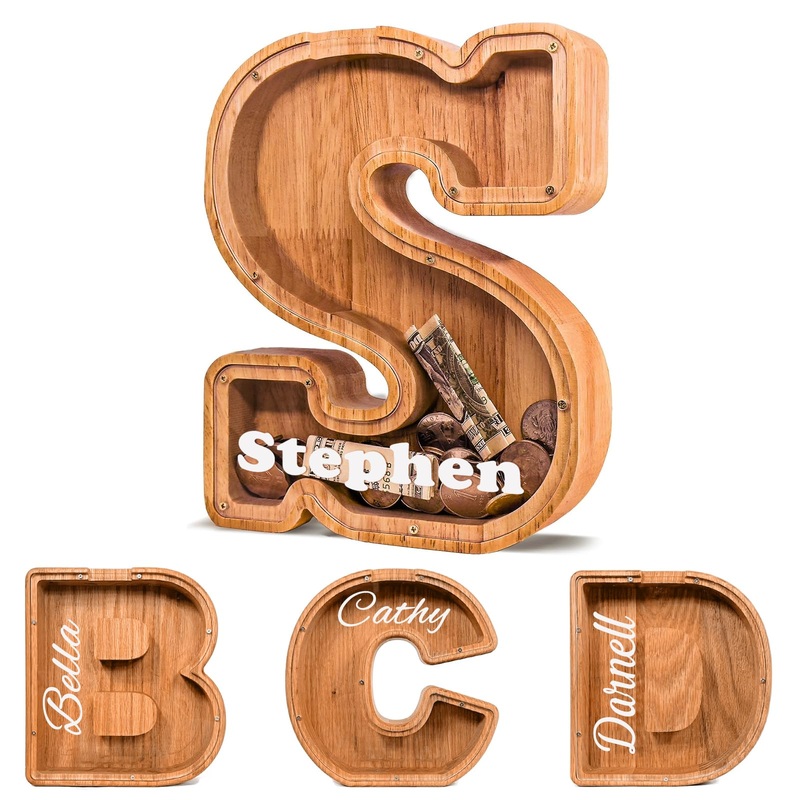Ckchilie Personalized Wooden Piggy Bank with Name, Large Money Box and Coin Bank, Brown, Art Deco Style, 7 inches (H) x 2 (W) No