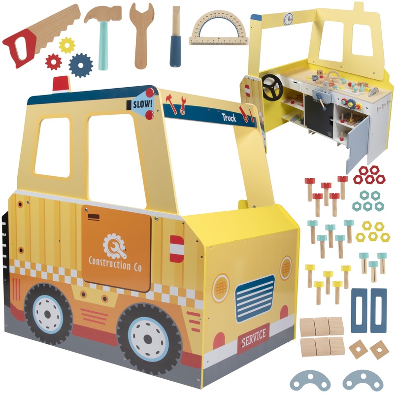 Construction Truck Wooden Playset w 60+ Toy Pieces- Pretend Hammer Saw Bolts & Screws- Spinning Turn Saw, Steering Wheel, Wood t