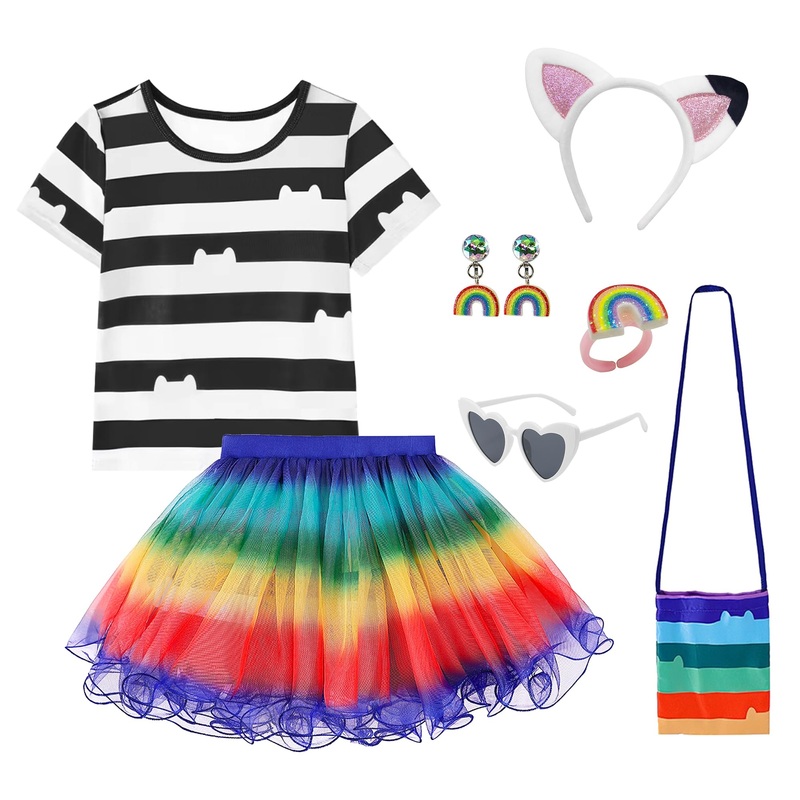 DAISYDUDS Cat Dollhouse Costume Rainbow Tutu Dress with Striped Top, Accessories Set Halloween Christmas Outfits For Cutie(130cm