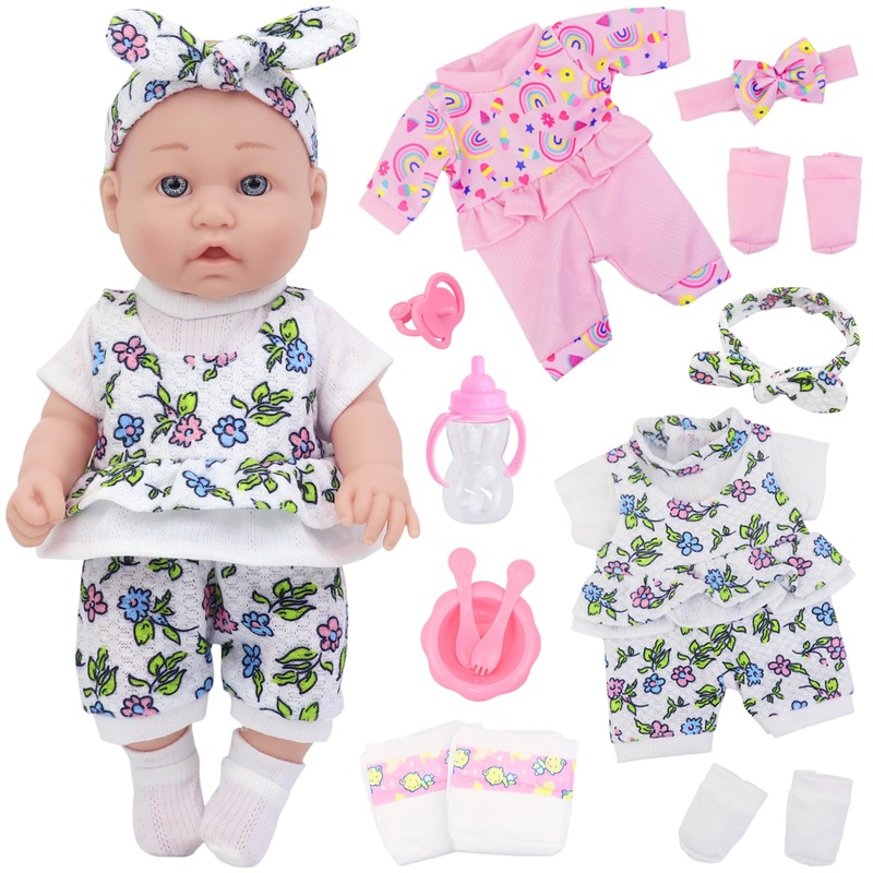 Ecore Fun 12 Inch Baby Doll with Clothes and Accessories,16 Pcs Reborn Alive Doll Playset Sets Include 12 Inch Doll,2 Sets of Cl