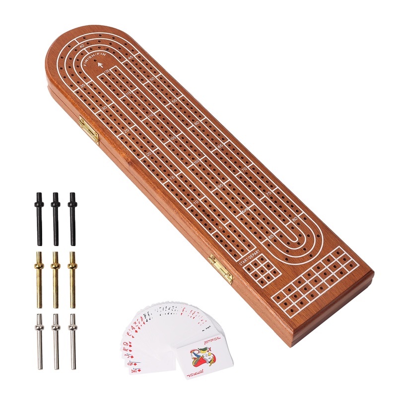 GSE Games & Sports Expert 3-Track Wooden Cribbage Board Game with Playing Cards, Metal Pegs and Storage Area, Classic Three-Pers