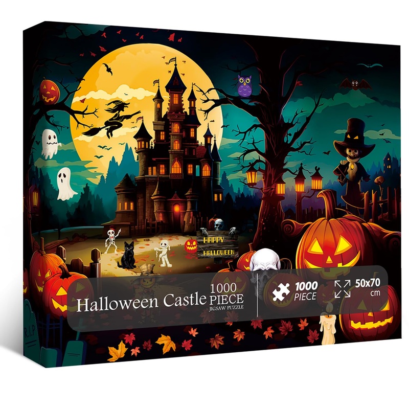 Halloween Fright Night Puzzles for Adults 1000 Piece, Horror Haunted House Jigsaw Puzzles, Vintage Glowing Pumpkins Puzzle as Ha