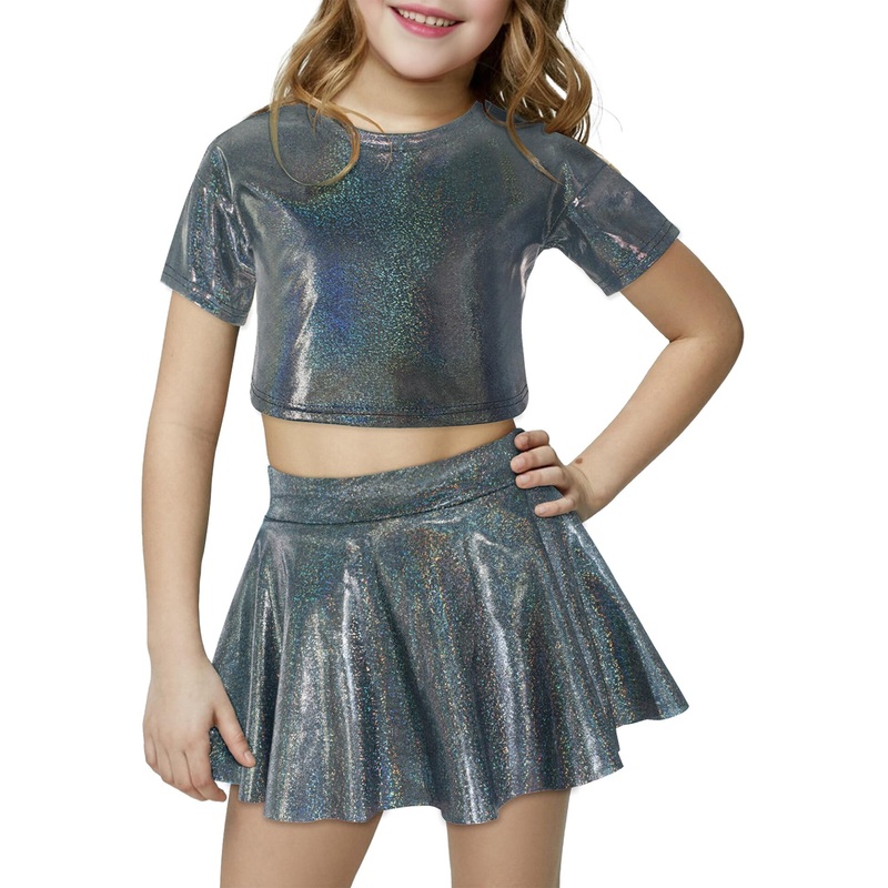 Happy Cherry 2Pcs Kids Girls Shiny Metallic Short Sleeve Crop Top with Pleated Skirt Set Dancewear Performance Costumes Black 5-