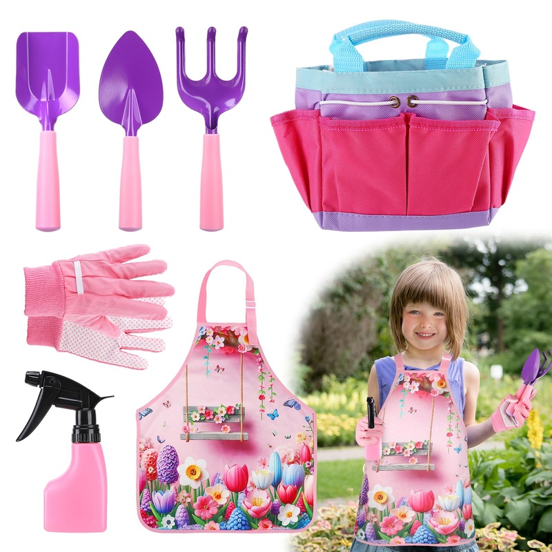Kids Gardening Tool Set – Garden Tools for Kids with Shovel Trowel Rake Apron Gloves Watering Can and Tote Bag, Outdoor Toys Gre