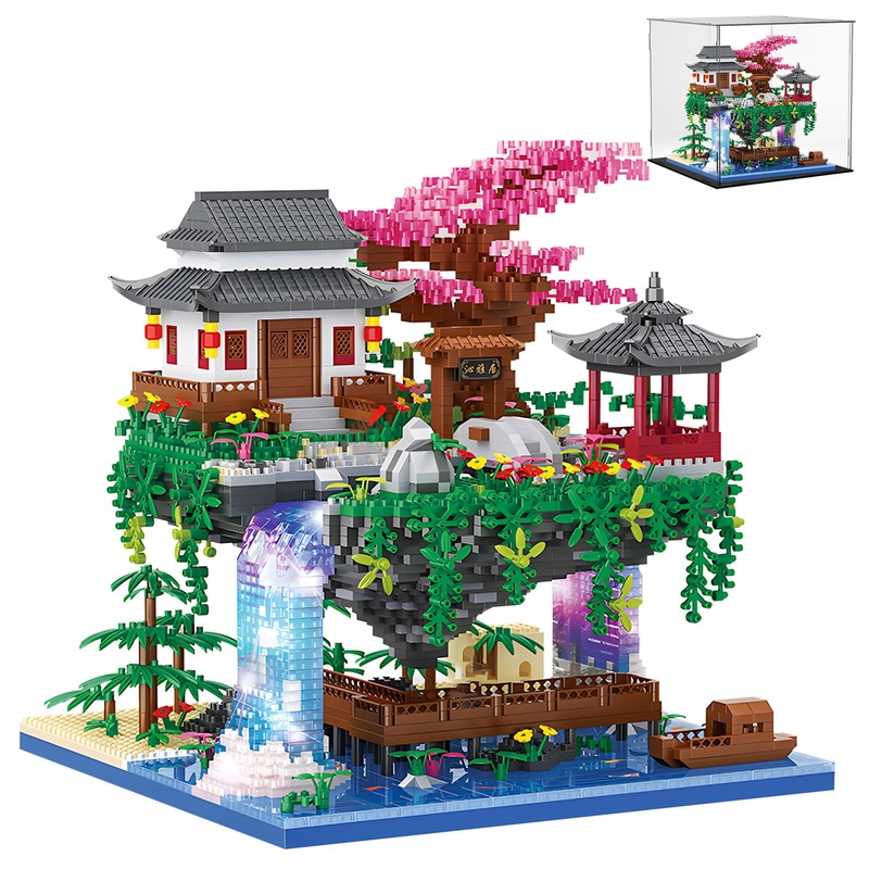 LQPFBSM Cherry Blossom Treehouse Micro Mini Building Block Sets with Acrylic Display Box Japanese Bonsai Tree Peach Blossom Pool