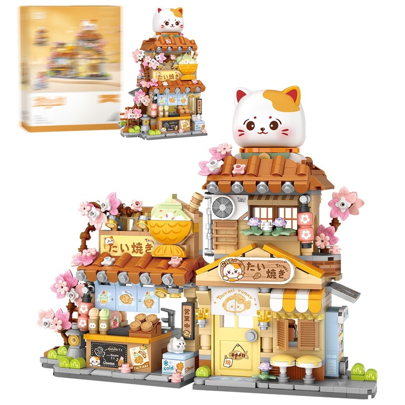 LUOGFYNI Japanese Street View Fish Shop Building Blocks Set, Creative Cat Theme House, Mini Blocks Simulation Architecture Const