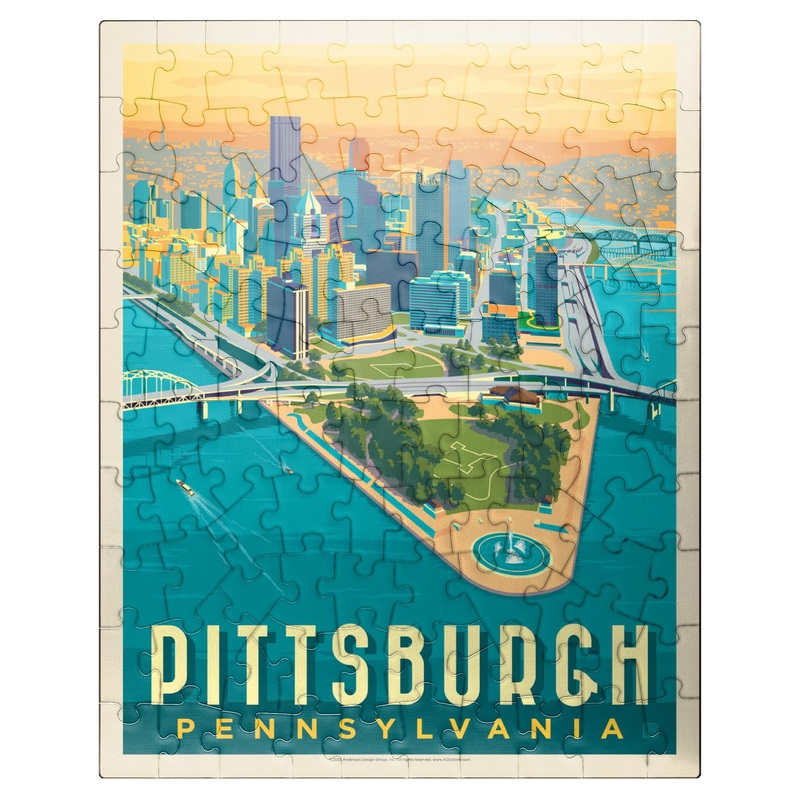 MyPuzzle Pittsburgh, PA: Bird’s Eye View, Vintage Poster – Premium 100 Piece Jigsaw Puzzle for Adults