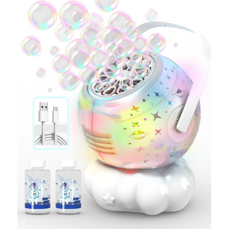 Rechargeable Bubble Machine with Colorful LED Light – Make Large Bubbles – 600mL Automatic Bubble Maker for Kids – Outdoor Party