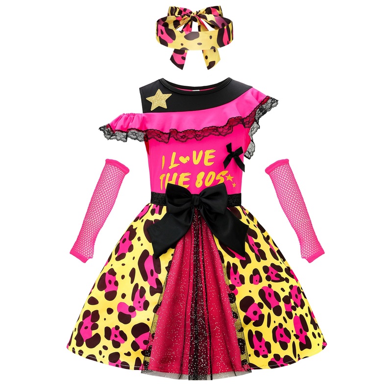 ReliBeauty Girls 80s Costume Kids Fancy Dress Costumes Accessories for Girls Cosplay 1980s Theme Retro Party 10-12/150