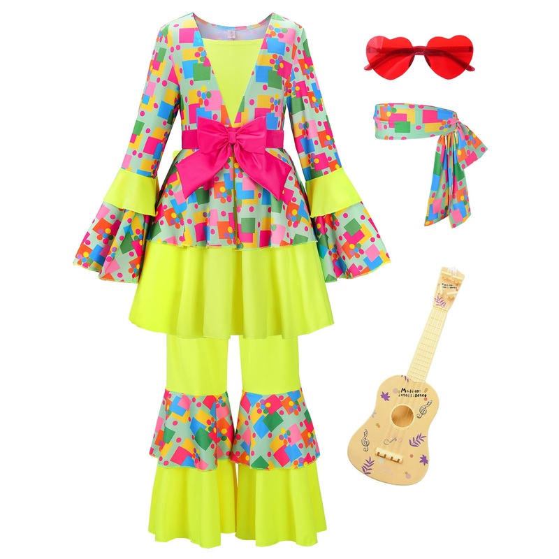 ReliBeauty Hippie Costume for Girls Disco Diva Costume for Girls Cute Halloween Costumes for kids 70s 80s 60s Outfits Kids,130