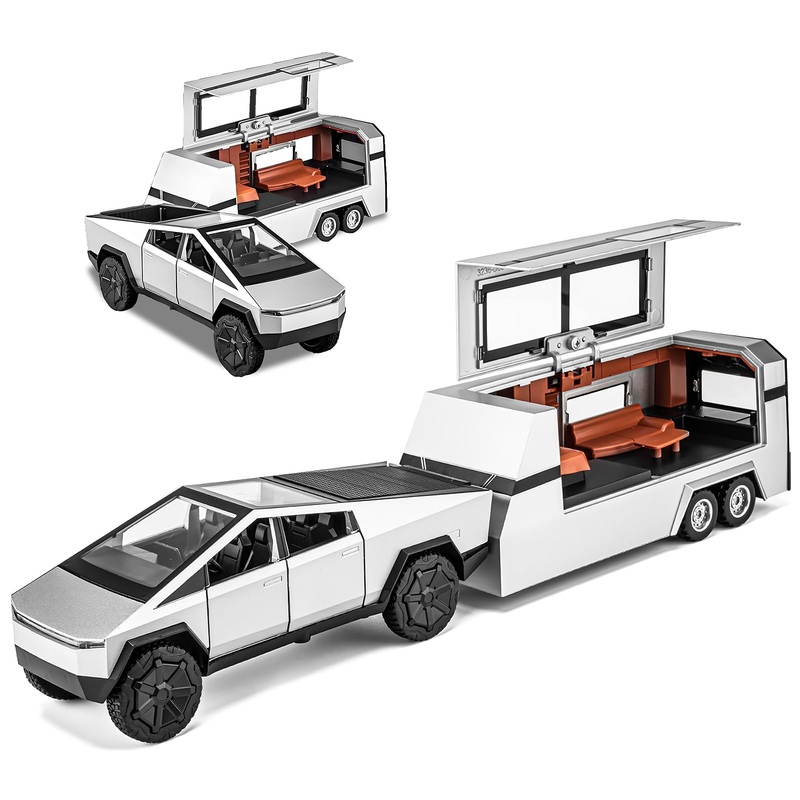 stoytto Metal Pick-Up Truck Trailer Toy with Motorcycle, Pickup Trailer RV Model, Toy Truck with Sound/Light/Pull Back/Realistic