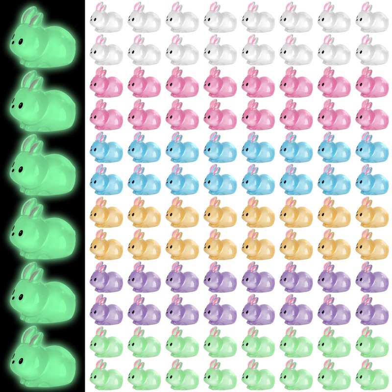 Suzile 98 Pcs Easter Luminous Mini Resin Bunny 6 Colors Tiny Small Glow in The Dark Rabbit Miniature Bunnies Figures for Garden