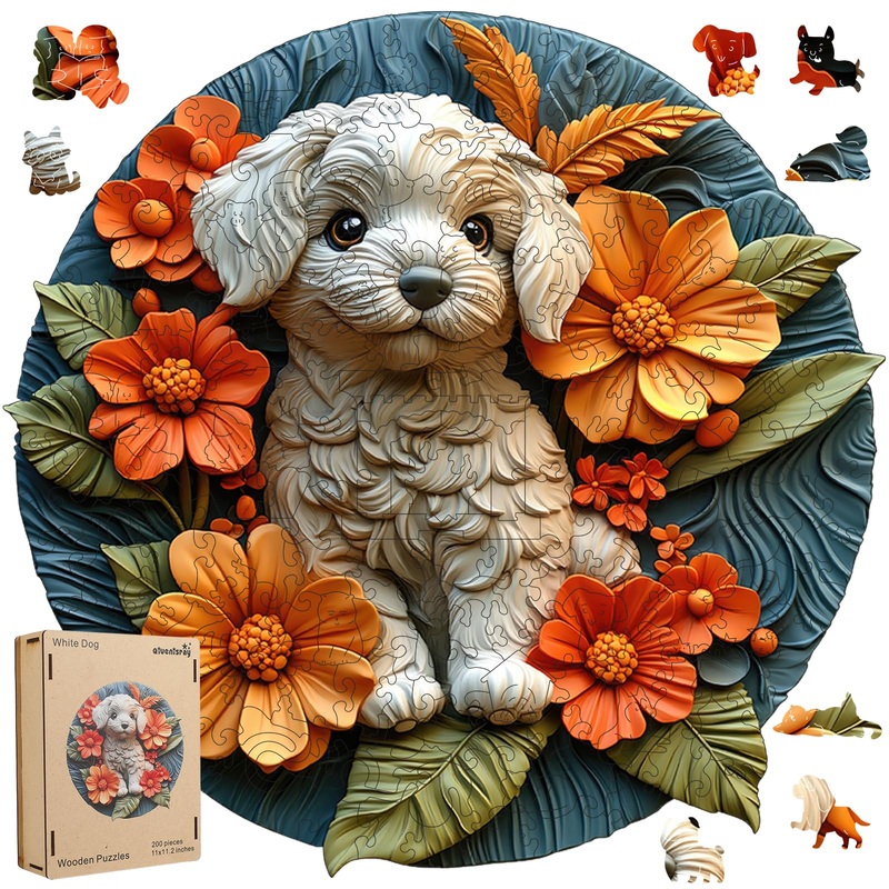 Wooden Puzzle for Adults – 3D Vision Effect White Dog Wooden Puzzle 200 Pcs Unique Shape Advanced Wooden Jigsaw Puzzle, Wood Puz