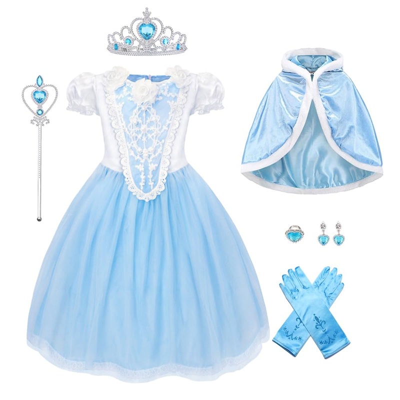 AHLPO Cinderella Princess Dress for Girls Halloween Cosplay Princess Dress Up Elsa Costume Birthday Outfit with Hodded Cape, Pre