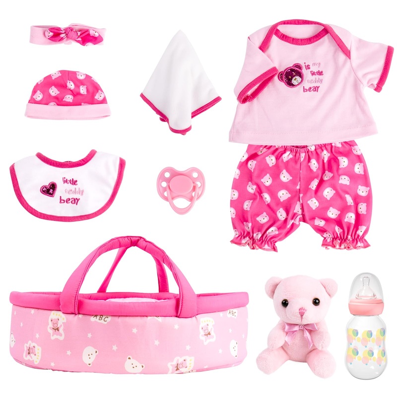 Aori 10 Pcs Reborn Baby Dolls Clothes Set with Pink Bassinet for 16-18 Inch Baby Doll, Carrier Bed and Baby Doll Clothes Outfit