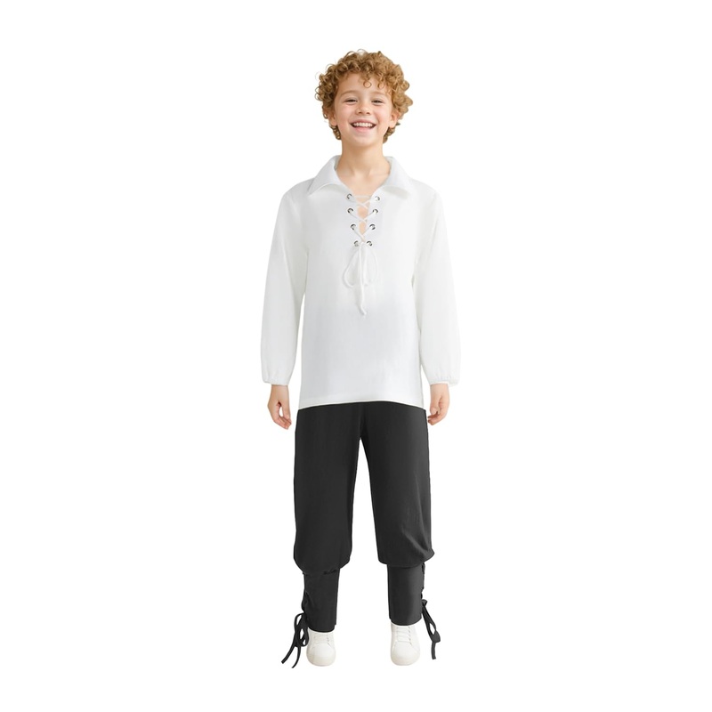 Boys Medieval Renaissance Pirate Pants Shirt Set Kids Viking Costume for Halloween Party Cosplay (black, Large)