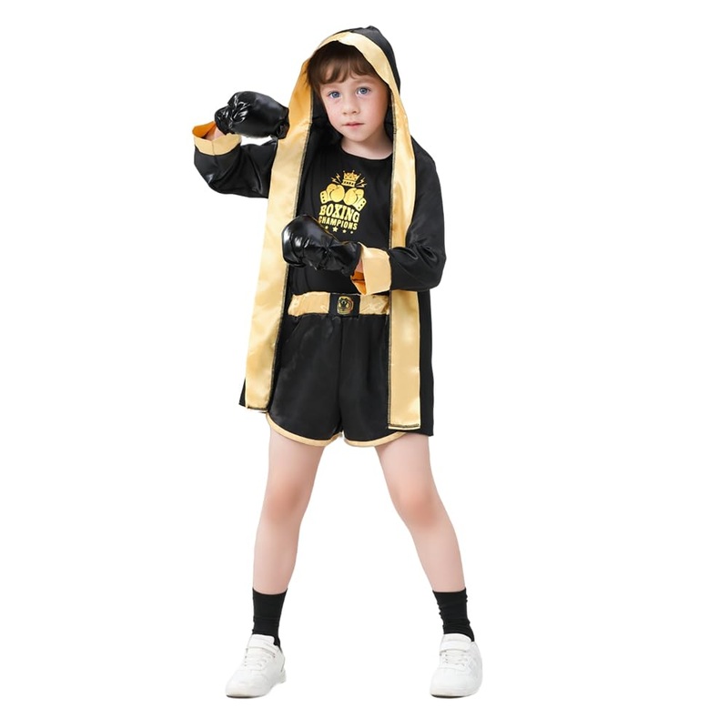 Child’s 4 Pcs Boxing Champions Costume with Top, Shorts, Hooded Cape, Gloves Halloween Fancy Dress Boxer Uniform for Kids (Black
