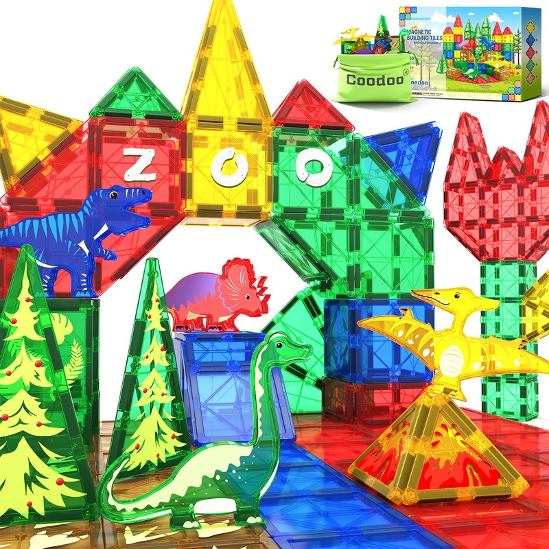Coodoo Dinosaur Toys Magnetic Tiles Jungle Dinosaur World Starter Set – Kids Games Boys Ages 3-5 4-6 Girls STEM Magnetic Blocks