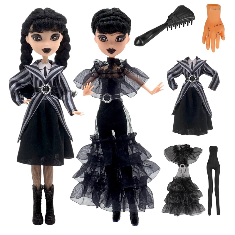 Dumwick 9”Addams Doll,Long Sleeve Dots Dress,Red Lips,Made to Move Addams Dolls,Birthday Gifts for Kids Girls Fans (2pcs)