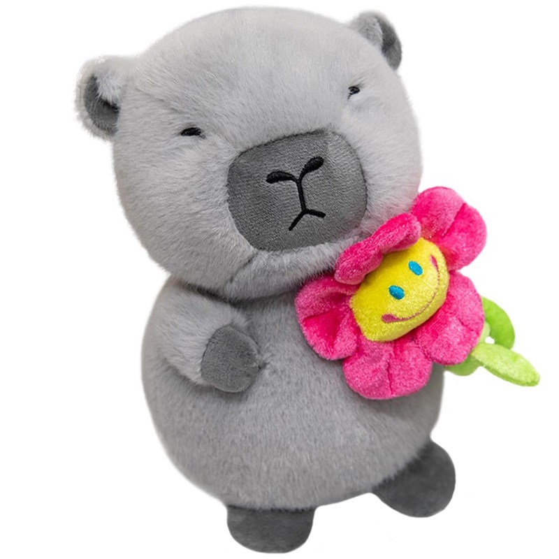 ELAINREN Gray Capybara Plush Toy with Flower Decor,Kawaii Valentine’s Guinea Pig Stuffed Animals Dolls Gifts/17.7”