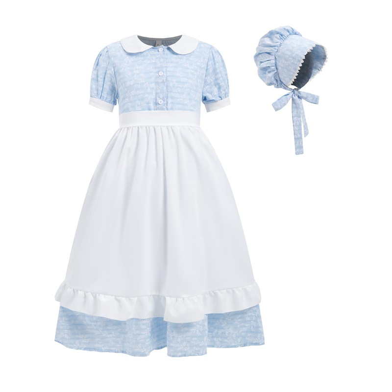 FORTMAC Pioneer Dresses for Girls Colonial Prairie Dress Girls Short Sleeves 1800s Pilgrim Costume with Apron and Bonnet Blue 9-