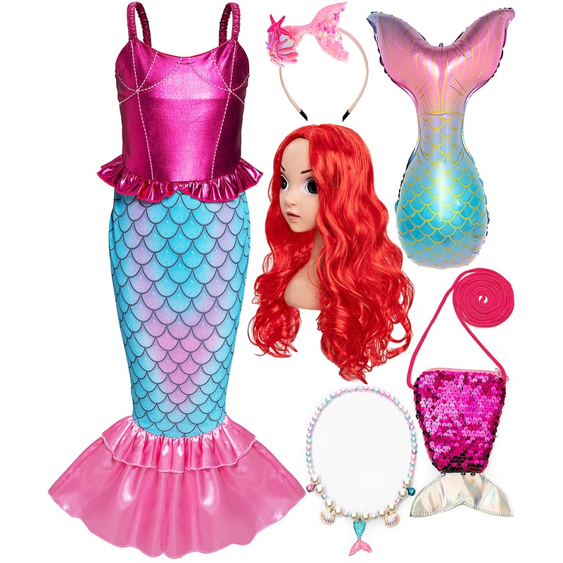 Funna Little Mermaid Costume for Girls Princess Dress Up with Accessories Wig Pink, 6 Years