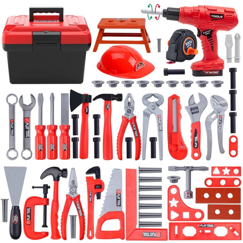 iKaufen Kids 68-Piece Toddler Tool Set with Tool Box & Electric Toy Drill – Pretend Play Construction Toy Set for Boys & Girls A