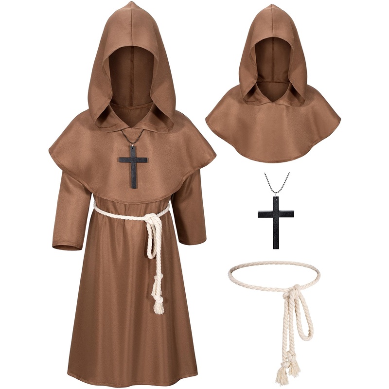 Kids Medieval Renaissance Monk Costume Priest Friar Wizard Cloak Hooded Robe Cosplay Costume Belt Necklace Set(BW 150)