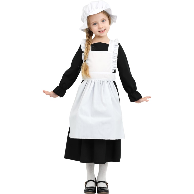 Lingway Toys Girls Pioneer Costume,Black Colonial Prairie Dress for Girls with Apron and Bonnet 3-4