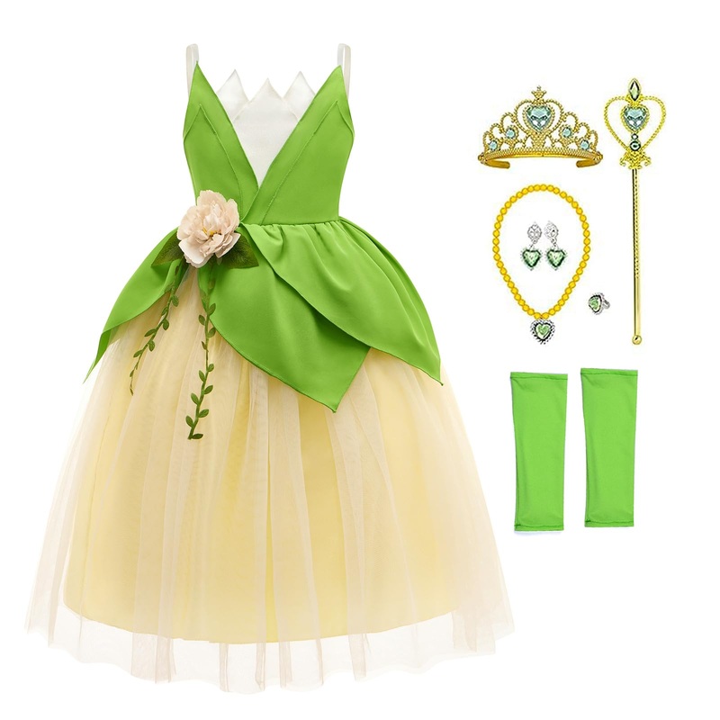 MDYCW Princess Tiana Halloween Costume for Girls, Frog Dress Up Cosplay Birthday Party Outfits