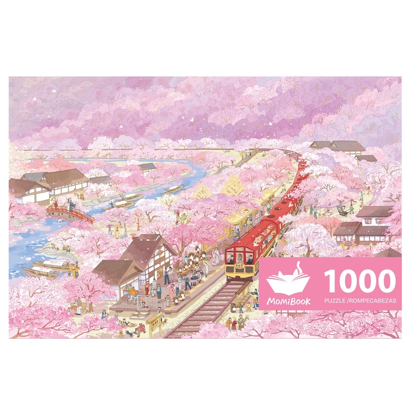 MOMIBOOK Puzzles for Adults 1000 Piece Jigsaw Puzzles of Arashiyama Sakura Tour, Painting Image Cherry Blossom Difficult Challen