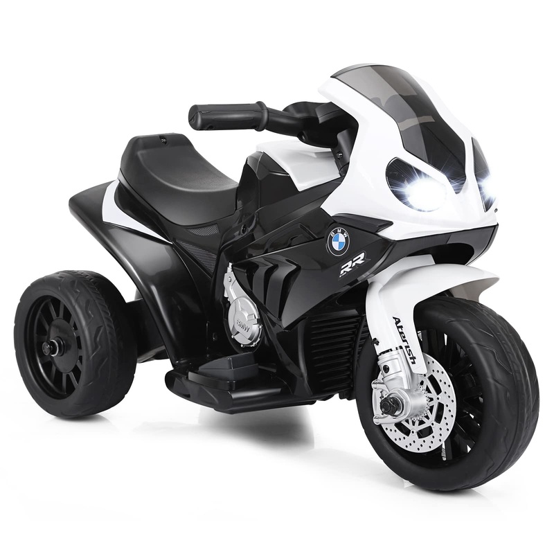 OLAKIDS Kids Ride on Motorcycle, 6V Licensed BMW Electric Motor with Music, Foot Pedal, Headlight, Leather Seat Cushion, 4 Wheel