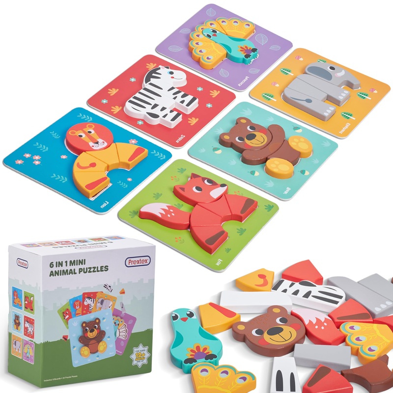 PREXTEX 6-Piece Chunky Animal Puzzle for Toddlers – Zoo Animals Shape Puzzle with Cognitive Cards – Montessori Wooden Puzzle for