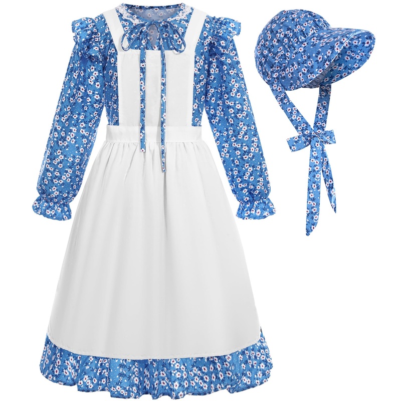 Rayekrot Girls Pioneer Costume Kids Floral Colonial Prairie Dress with Apron and Bonnet (9-10 Years)