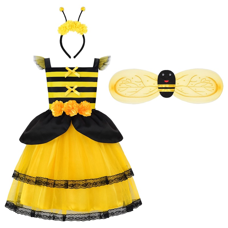 ReliBeauty Bumble Bee Costume Kids Bee Costume Toddler Fancy Dress with Bee Wings Halloween Party,10-12/150