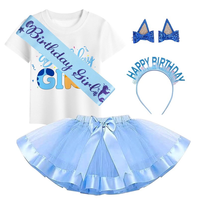 SHELOVESIT Girls Birthday Costume – T-Shirt and Tutu Dress, Blue Headband and Satin Sash for Girls Birthday Party – 140cm/7T-8T
