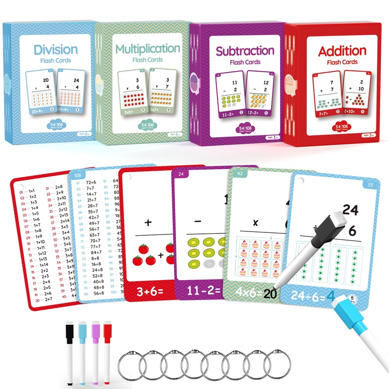 220Cards, 424Pictures Educational Math Flash Cards, Addition Subtraction Multiplication Division Flash Cards, for 7,8,9,10,11Yea