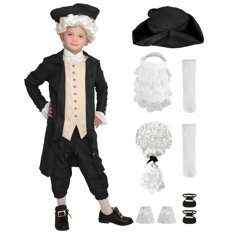 8 PCS Colonial Costume Boys 18th Century Traditional America Cosplay Costume with Wig. (Black, 150)