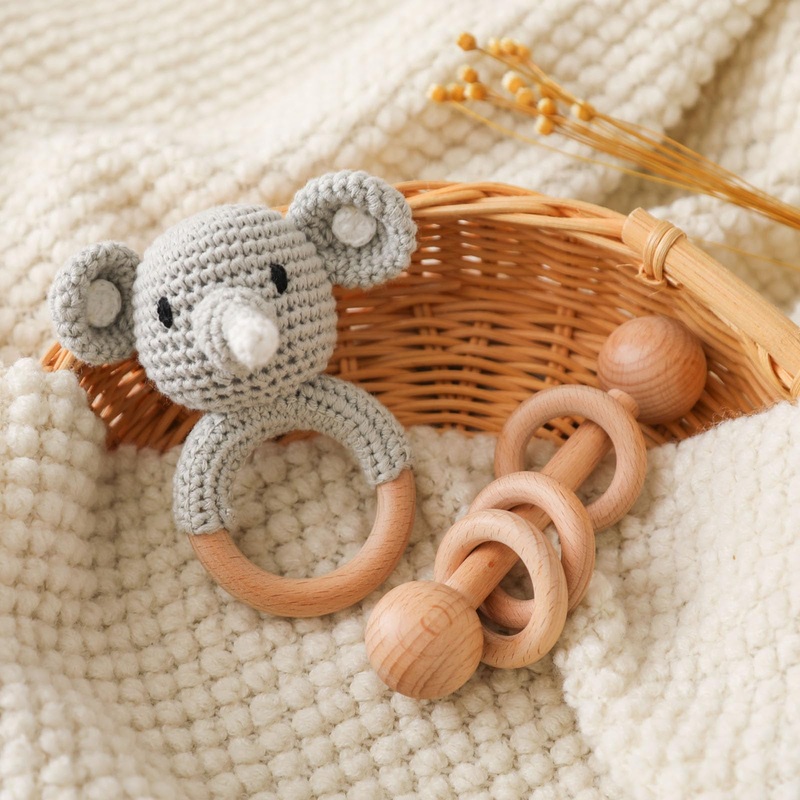Crochet Elephant and Wooden Animal Rattle Set for Newborns, Baby Wooden Rattle Toy 2PCS