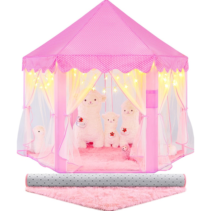 CUBNBUD Princess Tent with Lights and Rug, Princess Tent for Girls Age 4-7, Kids Play Tent for Girls Indoor, Princess Castle Pla